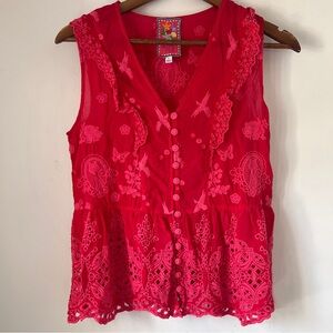 Johnny Was Scarlet Embroidered Sleeveless Blouse Birds Butterfly Cat Small